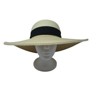 HBY Miami Cream Black Paper Straw Wide Brim Floppy Beach Sun Hat S/M